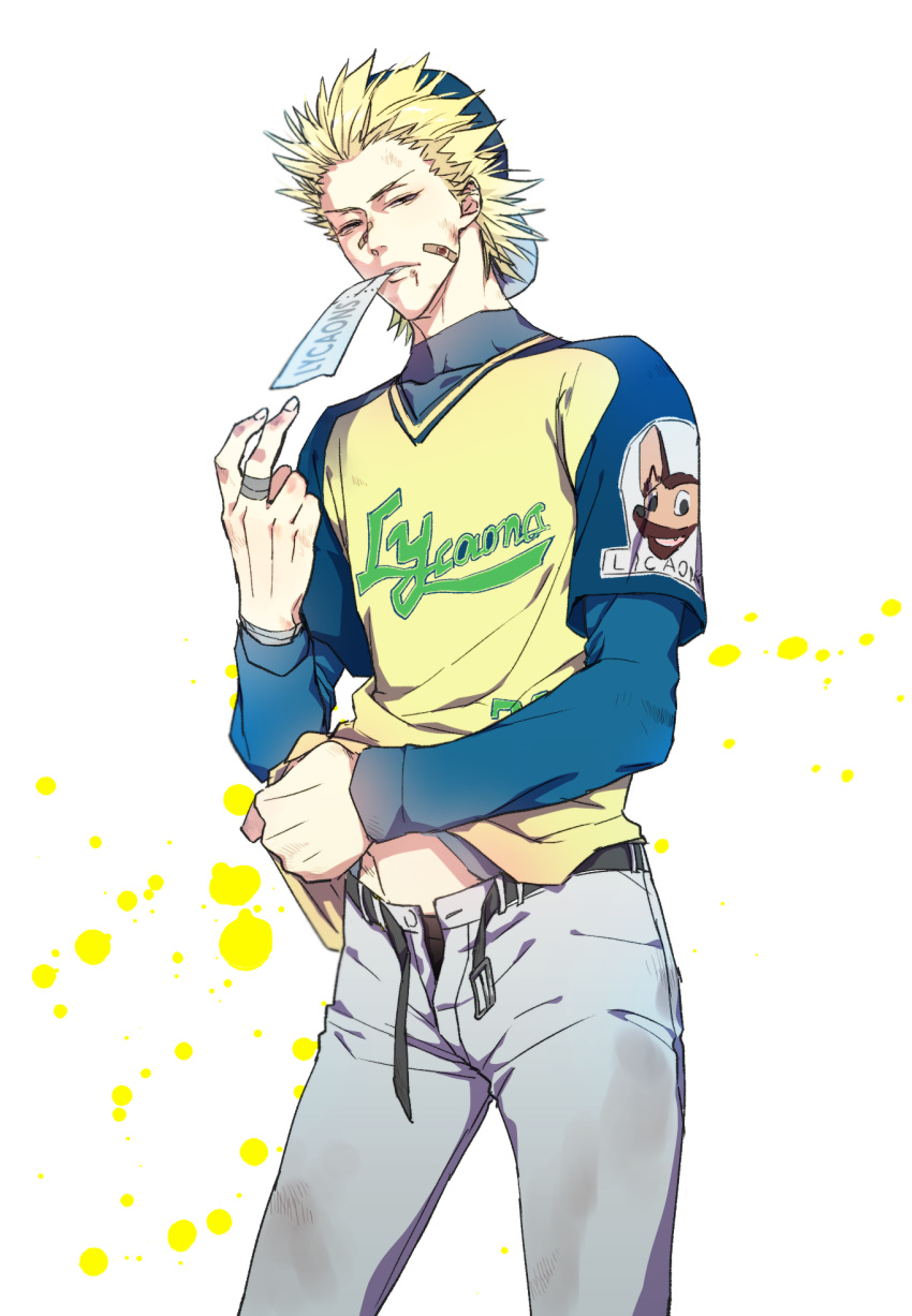 1boy bandaid baseball_cap baseball_jersey belt blonde_hair cowboy_shot cuts dirty dirty_clothes hat highres injury long_sleeves looking_at_viewer male_focus male_underwear mouth_hold one_outs open_pants pants sic77 solo spiked_hair tokuchi_toua underwear white_pants