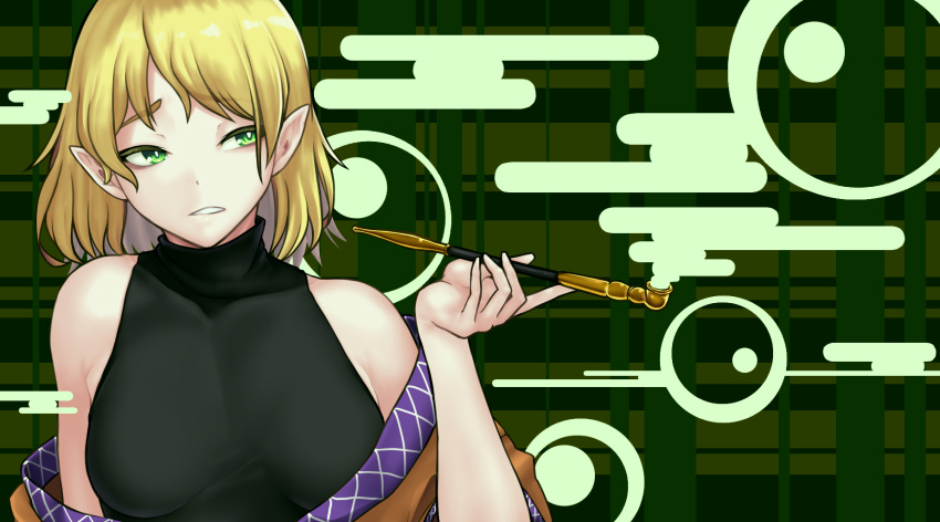1girl bangs black_shirt blonde_hair breasts brown_jacket commentary_request green_background green_eyes haiiro_gundan highres jacket kiseru looking_to_the_side medium_breasts medium_hair mizuhashi_parsee multicolored multicolored_clothes multicolored_jacket off_shoulder pipe pointy_ears shirt sleeveless sleeveless_shirt solo touhou turtleneck upper_body