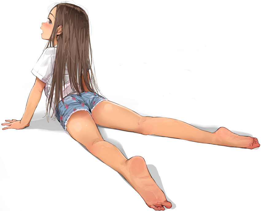 1girl absurdres arm_support ass banned_artist bare_legs barefoot blue_shorts blush brown_eyes brown_hair denim denim_shorts fingernails from_behind full_body highres long_hair looking_at_viewer looking_back masuda_(yousaytwosin) open_mouth original parted_lips petite shirt short_shorts short_sleeves shorts sideways_glance simple_background soles solo toes white_background white_shirt