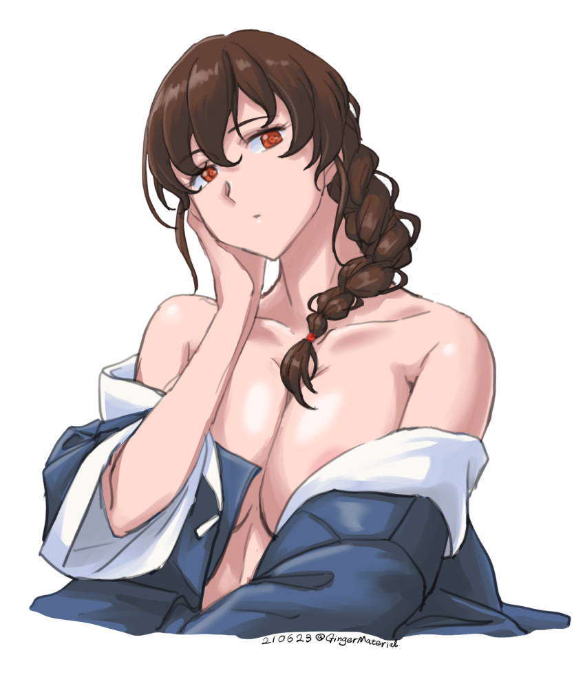 1girl alternate_breast_size bare_shoulders blue_coat braid breasts brown_hair cleavage coat commentary_request cropped_torso hair_over_shoulder highres kantai_collection large_breasts long_hair looking_at_viewer one-hour_drawing_challenge open_clothes orange_eyes simple_background single_braid solo souya_(kancolle) sozan upper_body white_background