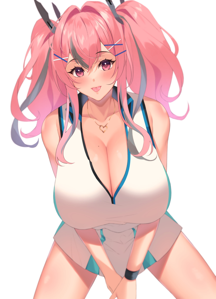 1girl :p aisumi_ran azur_lane bare_shoulders black_hair breasts bremerton_(azur_lane) bremerton_(scorching-hot_training)_(azur_lane) cleavage crop_top crop_top_overhang hair_ornament heart heart_necklace highres huge_breasts long_hair looking_at_viewer mole mole_on_breast mole_under_eye multicolored_hair official_alternate_costume pink_eyes pink_hair shirt simple_background sleeveless sleeveless_shirt solo sportswear streaked_hair tennis tennis_uniform tongue tongue_out twintails two-tone_hair two-tone_shirt two-tone_skirt white_background x_hair_ornament