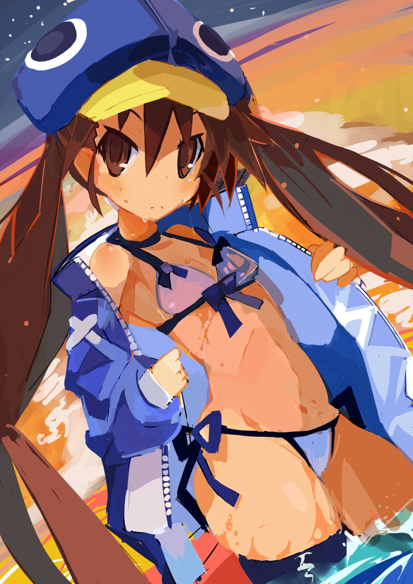 1girl absurdres blue_headwear blush breasts brown_eyes brown_hair disgaea hat highres jacket kazamatsuri_fuuka long_hair looking_at_viewer makai_senki_disgaea_4 miyakawa106 small_breasts swimsuit thighhighs twintails very_long_hair wet