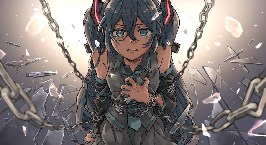 1girl aqua_eyes aqua_hair aqua_neckwear backlighting bare_shoulders chain chained clenched_teeth crying crying_with_eyes_open detached_sleeves eyebrows_visible_through_hair hand_on_own_chest hatsune_miku highres long_hair necktie open_collar pleated_skirt restrained shards shattering shirt single_stripe skirt sleeveless sleeveless_shirt solo tears teeth tomizu twintails very_long_hair vocaloid