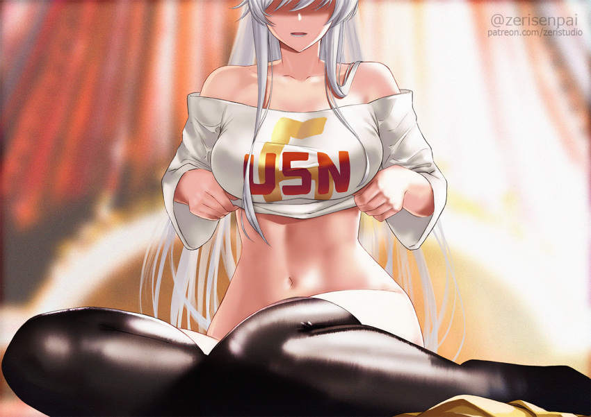 1girl azur_lane breasts cleavage enterprise_(anniversary_ride)_(azur_lane) enterprise_(azur_lane) eyes_in_shadow large_breasts long_hair midriff no_panties off-shoulder_shirt off_shoulder open_mouth shaded_face shirt silver_hair smile solo thighhighs very_long_hair white_shirt zeri_(zeristudio)