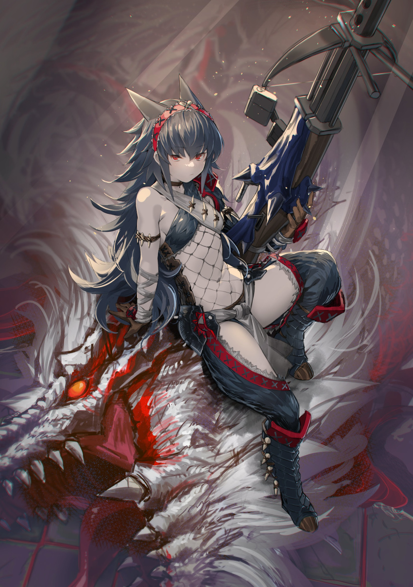 1girl absurdres animal_ears armband armored_boots bandaged_arm bandages black_hair bodysuit boots bowgun brown_gloves chaps commentary_request deluxe&lt;&lt;&lt; fishnet_bodysuit fishnets flat_chest gloves hairband highres long_hair looking_at_viewer monster_hunter_(series) nargacuga_(armor) red_eyes sitting_on_animal