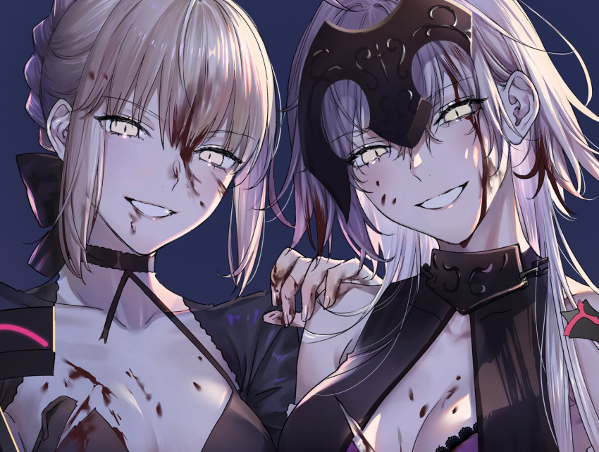 2girls artoria_pendragon_(all) blonde_hair blood blood_on_chest blood_on_face bloody_clothes blue_background blush braid breasts cleavage collarbone excalibur_morgan_(fate) fate/grand_order fate_(series) french_braid hand_on_another's_shoulder headphones highres jeanne_d'arc_(alter)_(fate) jeanne_d'arc_(fate)_(all) large_breasts long_hair looking_at_viewer medium_breasts multiple_girls nipi27 saber_alter slit_pupils smile torn_clothes upper_body