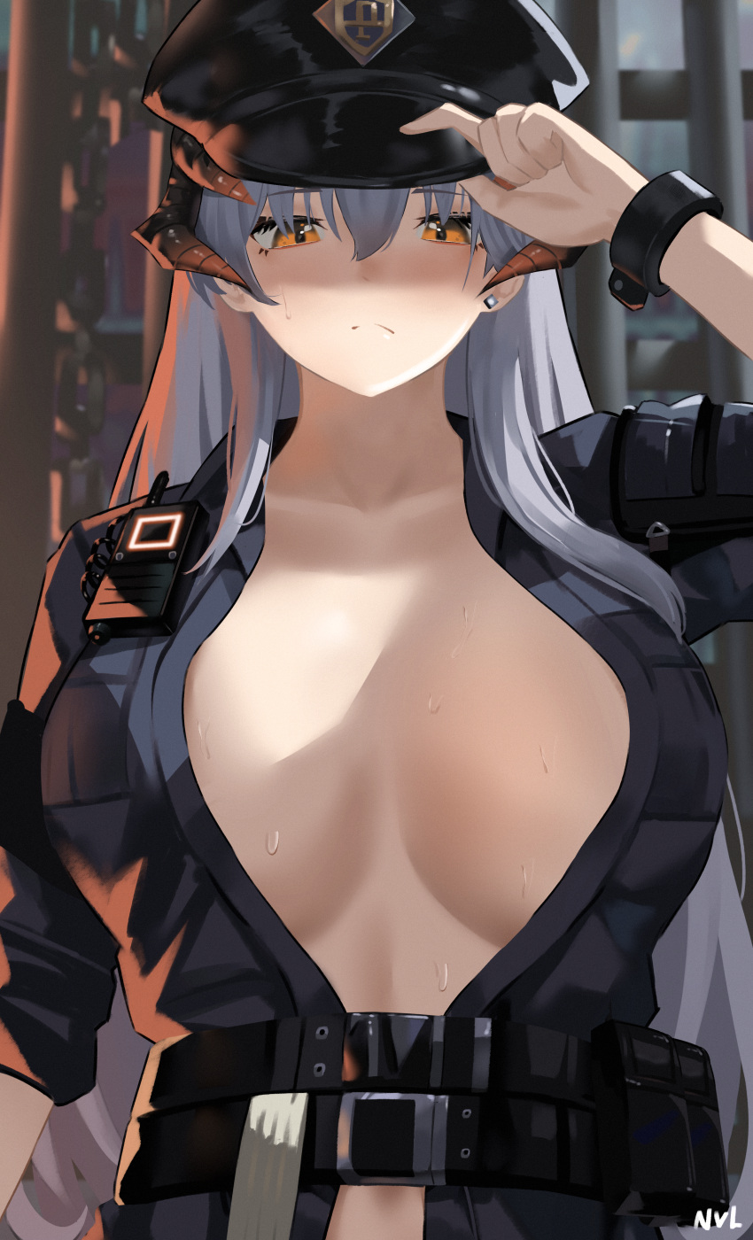 1girl absurdres arknights belt belt_pouch black_headwear black_shirt breasts breasts_apart closed_mouth dragon_horns grey_hair hair_between_eyes hand_on_headwear hat highres horns huge_filesize large_breasts long_hair looking_at_viewer no_bra nvl open_clothes open_shirt orange_eyes peaked_cap pouch saria_(arknights) saria_(the_law)_(arknights) shirt solo sweat sweatdrop upper_body walkie-talkie