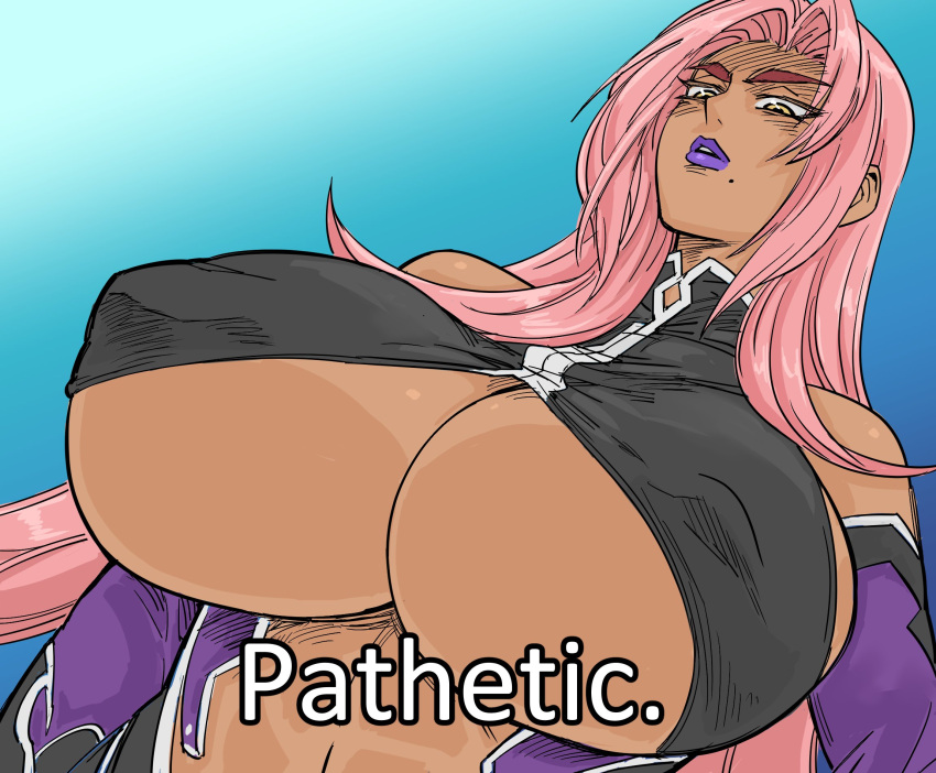 1girl bb_(baalbuddy) blue_background breasts commentary covered_nipples dutch_angle english_commentary english_text highres huge_breasts ingrid_(taimanin_murasaki) lipstick long_hair makai_kishi_ingrid makeup meme mole mole_under_mouth parted_lips pathetic_(meme) pink_hair purple_lips solo the_simpsons underboob upper_body yellow_eyes