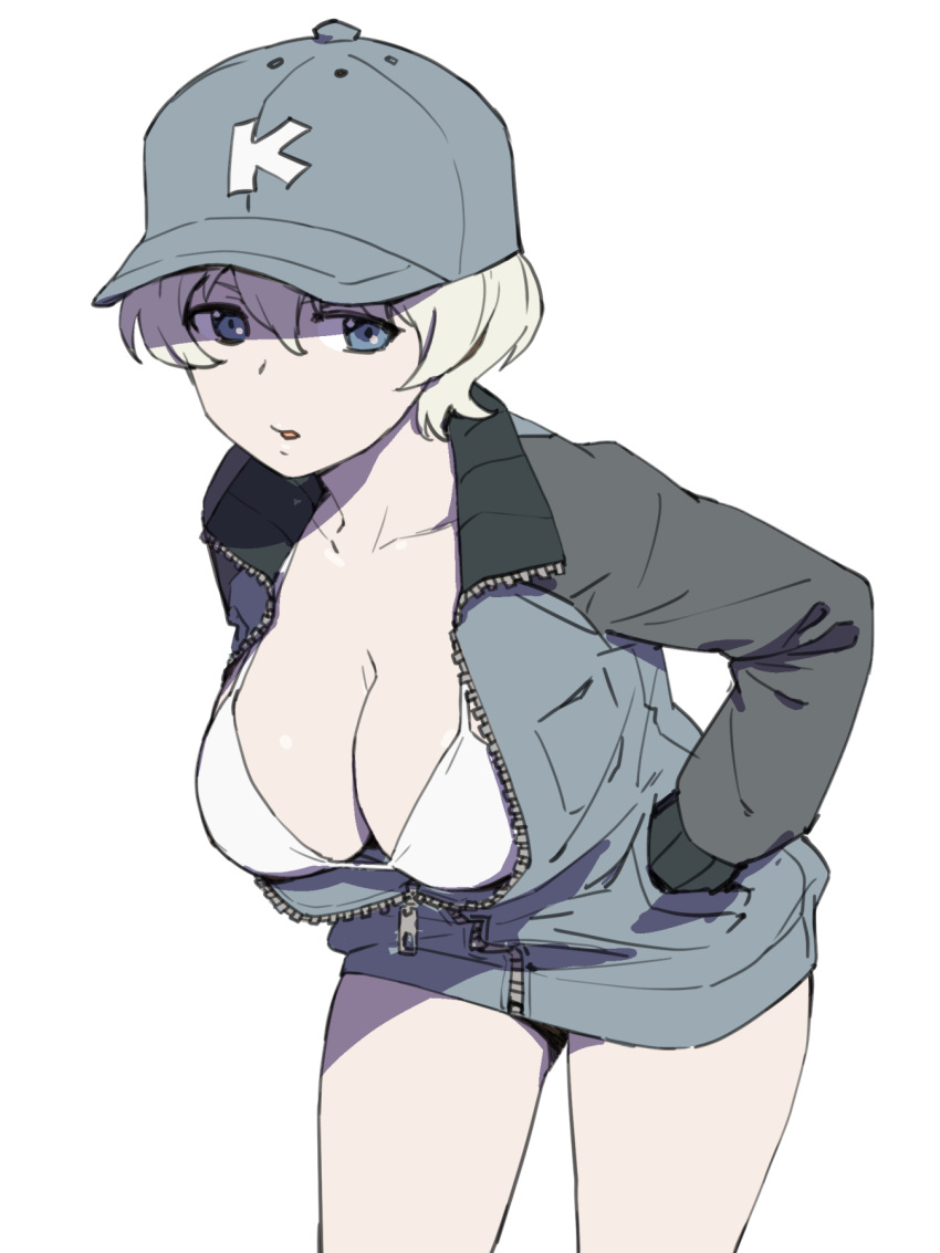 1girl baseball_cap bikini blonde_hair breasts cleavage collarbone girls_und_panzer hair_between_eyes hands_in_pockets hat highres jacket large_breasts leaning_forward looking_at_viewer onsen_tamago_(hs_egg) parted_lips shaded_face short_hair solo swimsuit swimsuit_under_clothes white_background white_bikini youko_(girls_und_panzer)