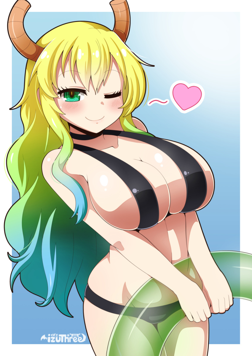 bikini black_bikini blonde_hair blue_hair blush breasts cleavage gradient_hair green_eyes green_hair heart highres horns huge_breasts innertube izuthree kobayashi-san_chi_no_maidragon multicolored_hair one_eye_closed quetzalcoatl_(maidragon) smile solo swimsuit