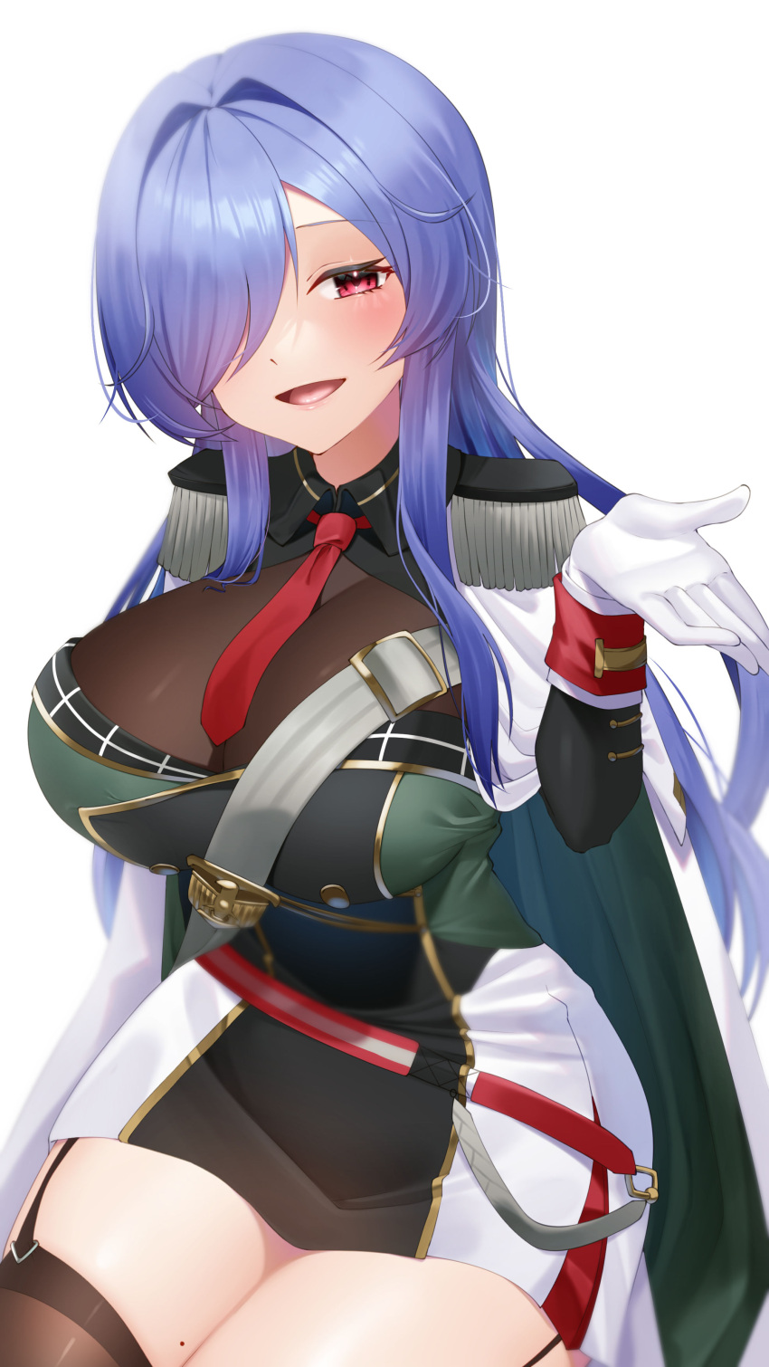 1girl :d absurdres azur_lane bangs belt black_dress blurry blush breasts brown_legwear cape cleavage collared_dress commentary commission cowboy_shot depth_of_field dress epaulettes garter_straps gloves green_cape green_dress hair_between_eyes hair_over_one_eye hand_up highres large_breasts long_hair long_sleeves looking_at_viewer multicolored multicolored_clothes multicolored_dress necktie open_mouth pixiv_request purple_hair red_eyes red_neckwear seele0907 sidelocks simple_background sitting skindentation smile solo thighhighs trento_(azur_lane) two-tone_cape very_long_hair white_background white_belt white_cape white_dress white_gloves wrist_cuffs zettai_ryouiki