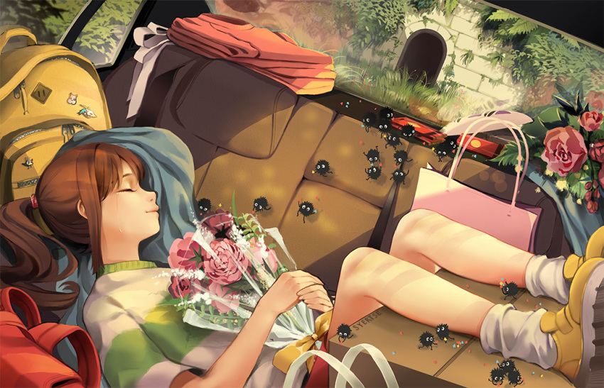 1girl backpack bag blanket bou_(sen_to_chihiro_no_kamikakushi) bouquet box brick_wall brown_hair car_interior car_seat closed_eyes closed_mouth clothes crying dappled_sunlight dutch_angle eyelashes feet_up fingernails flower full_body glint grass green_shirt hair_tie haku_(sen_to_chihiro_no_kamikakushi) happy holding holding_bouquet japanese_clothes leaf lens_flare long_hair loose_socks lying mask moss nature ogino_chihiro on_back pin pink_flower pink_rose ponytail profile red_flower red_shorts ribbon rose sen_to_chihiro_no_kamikakushi shadow shirt shoes shopping_bag shorts sidelocks smile sneakers socks solo striped striped_shirt sunlight susuwatari syertse tears tree tree_branch tunnel two-tone_shirt white_legwear white_shirt yellow_flower yellow_footwear yellow_ribbon yu-bird