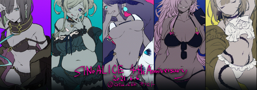 1boy 4girls anniversary bangs bikini bikini_top blonde_hair blue_eyes blue_hair blunt_bangs bob_cut braid breasts briar_rose_(sinoalice) brown_hair cape cetus_kkk choker cinderella_(sinoalice) coat dark-skinned_female dark_skin double_bun earrings english_text fins green_eyes gretel_(sinoalice) grin hair_over_one_eye highres icing jewelry large_breasts looking_at_viewer multicolored_hair multiple_girls ningyo_hime_(sinoalice) otoko_no_ko pajamas plant ponytail ribbon short_hair sidelocks sinoalice sleeping smile sunglasses swimsuit teeth thorns three_little_pigs_(sinoalice) twintails two-tone_hair vines