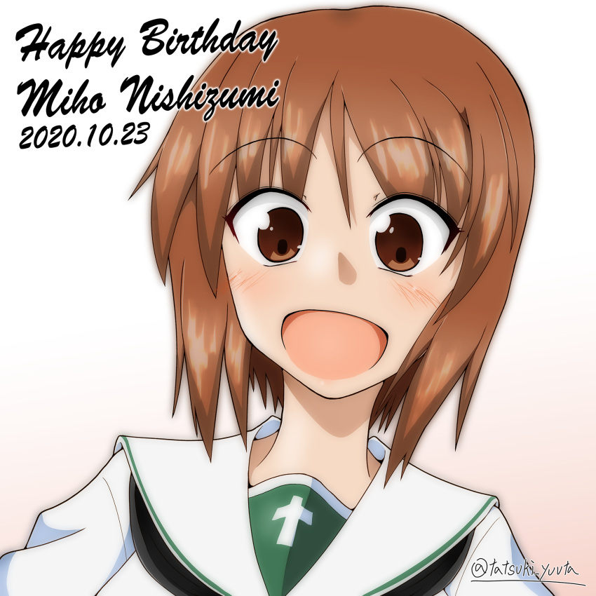 1girl :d bangs black_neckwear blouse brown_eyes brown_hair character_name commentary dated english_text eyebrows_visible_through_hair girls_und_panzer gradient gradient_background happy_birthday highres looking_at_viewer neckerchief nishizumi_miho ooarai_school_uniform open_mouth portrait sailor_collar school_uniform short_hair smile solo tatsuki_yuuta twitter_username white_blouse white_sailor_collar