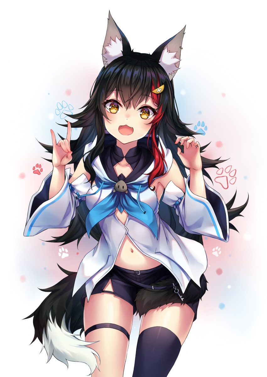 1girl :3 :d animal_ears bangs bare_shoulders black_hair black_legwear black_shorts blue_neckwear blush claw_pose cosplay cowboy_shot detached_sleeves fang flipped_hair fox_shadow_puppet hair_between_eyes hair_ornament hairclip highres hololive hood hoodie long_hair looking_at_viewer low-tied_long_hair multicolored_hair n15e navel neckerchief ookami_mio open_mouth red_hair shirakami_fubuki shirakami_fubuki_(cosplay) short_shorts shorts sidelocks single_thighhigh skindentation sleeveless sleeveless_hoodie smile solo streaked_hair tail tail_around_leg tail_wrap thigh_strap thighhighs very_long_hair virtual_youtuber white_hair white_sleeves wide_sleeves wolf_ears wolf_girl wolf_tail yellow_eyes