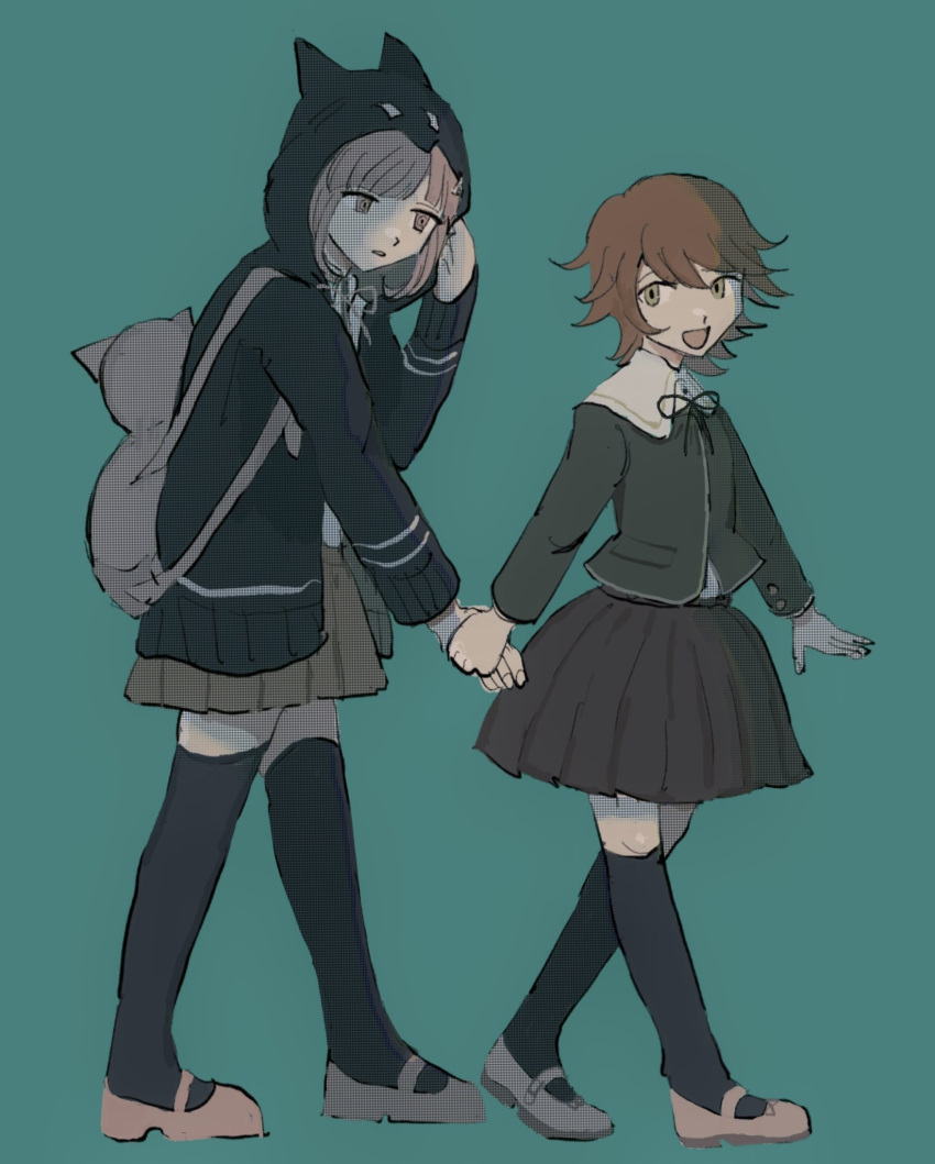 1boy 1girl :d animal_bag backpack bag bangs black_jacket black_legwear black_ribbon brown_eyes brown_hair brown_skirt cat_bag collared_shirt crossdressing danganronpa:_trigger_happy_havoc danganronpa_(series) danganronpa_2:_goodbye_despair from_side fujisaki_chihiro green_background green_jacket hair_ornament hairclip highres holding_hands hood hood_up hoodie jacket kneehighs long_sleeves looking_at_another nanami_chiaki neck_ribbon open_mouth otoko_no_ko pink_footwear pink_ribbon ribbon school_uniform sema_(vivaviva_02) shirt shirt_tucked_in shoes simple_background skirt smile thighhighs white_shirt zettai_ryouiki