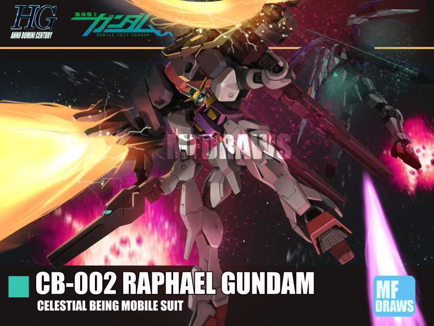 00_gundam 00_raiser artist_name back-to-back bandai blue_eyes brayanong999 character_name dual_wielding explosion firing floating glowing glowing_eyes gun gundam gundam_00 gundam_raphael highres holding holding_gun holding_sword holding_weapon logo logo_parody mecha mobile_suit no_humans science_fiction shoulder_cannon solo_focus space sword v-fin watermark weapon