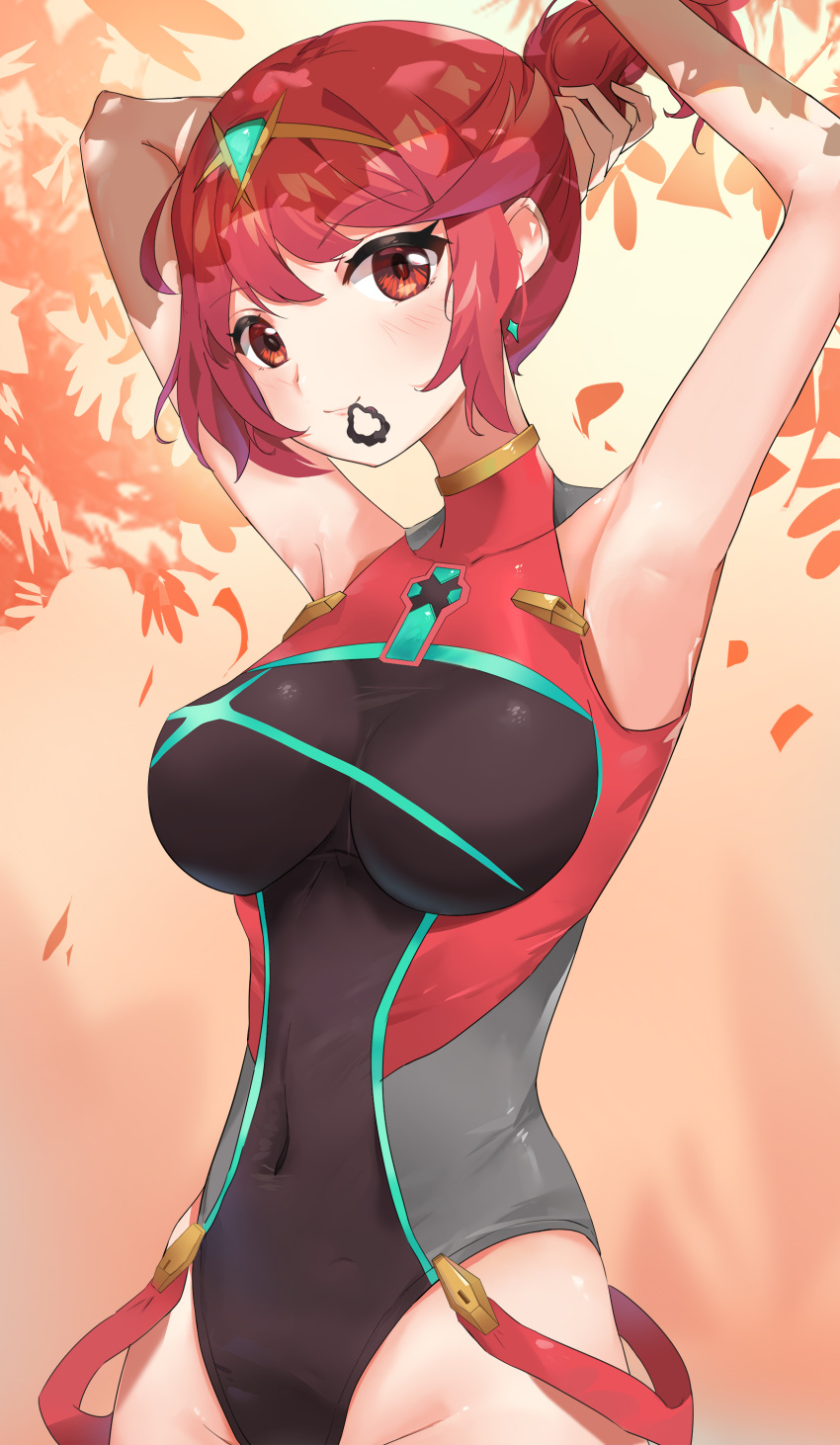 1girl absurdres bangs black_swimsuit breasts chest_jewel competition_swimsuit covered_collarbone gem headpiece highres kiiro_kimi large_breasts one-piece_swimsuit pyra_(pro_swimmer)_(xenoblade) pyra_(xenoblade) red_hair red_swimsuit swept_bangs swimsuit tiara two-tone_swimsuit xenoblade_chronicles_(series) xenoblade_chronicles_2