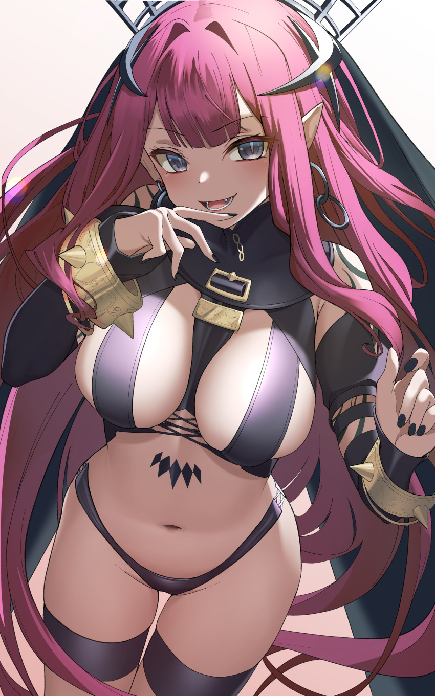 1girl :d absurdres between_breasts bikini black_bikini black_nails bracelet breasts cape detached_sleeves earrings fang fate/grand_order fate_(series) grey_eyes highres hoop_earrings jewelry large_breasts long_hair looking_at_viewer nail_polish navel open_mouth panamuru pink_hair pointy_ears revealing_clothes slit_pupils smile solo stomach swimsuit thigh_strap thighs tiara tristan_(fairy_knight)_(fate) very_long_hair white_background