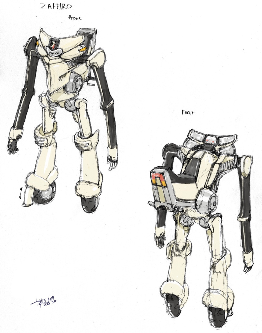 character_name character_sheet highres kasahara_tetsurou mecha multiple_views no_humans official_art open_hands rideback science_fiction standing wheel white_background