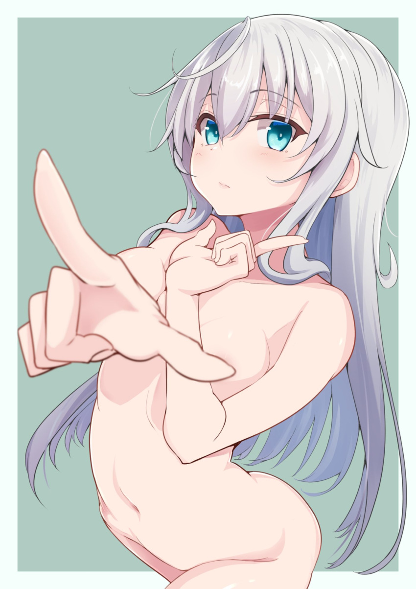 1girl areola_slip areolae bangs blue_eyes blush breasts completely_nude convenient_censoring eyebrows_visible_through_hair green_background hair_between_eyes hibiki hibiki_(kancolle) highres kantai_collection long_hair myht nude pointing pointing_at_viewer silver_hair simple_background small_breasts solo