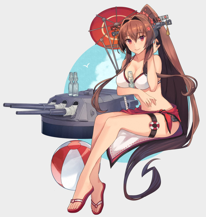 1girl ball barefoot beachball bikini breasts brown_eyes brown_hair cleavage closed_mouth collarbone eyebrows_visible_through_hair flower hair_between_eyes hair_flower hair_ornament highres kantai_collection kasumi_(skchkko) large_breasts long_hair machinery oil-paper_umbrella pink_flower ponytail ramune red_sarong red_umbrella rigging sandals sarong smile solo swimsuit turret umbrella white_bikini yamato_(kancolle)