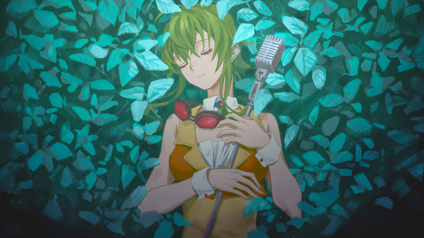 1girl bare_shoulders brooch closed_eyes collar commentary crop_top expressionless goggles goggles_around_neck green_hair gumi head_tilt highres holding holding_microphone_stand jewelry leaf leaf_background lying microphone microphone_stand on_back orange_vest plant red_goggles shirt short_hair_with_long_locks sidelocks sleeveless sleeveless_shirt solo upper_body vest vocaloid wounds404 wrist_cuffs yellow_shirt