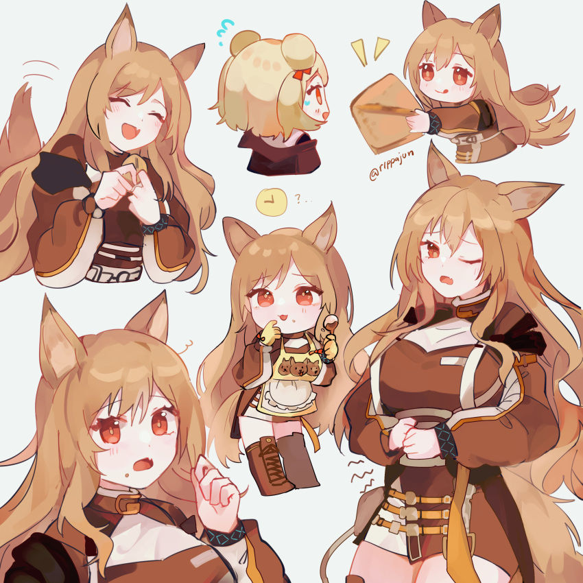 2girls ? absurdres animal_ears april arknights bear_ears blonde_hair bow brown_hair brown_jacket brown_shirt ceobe_(arknights) chibi clock commentary cookie cowboy_shot cropped_torso dog_ears dog_girl dog_tail emphasis_lines fang flying_sweatdrops food food_on_face gummy_(arknights) hair_bow heart highres infection_monitor_(arknights) jacket long_hair looking_at_another looking_at_viewer multiple_girls multiple_views one_eye_closed open_mouth orange_eyes rippajun shirt short_hair simple_background skin_fang stomach_growling tail tongue tongue_out twitter_username upper_body very_long_hair white_background wristband
