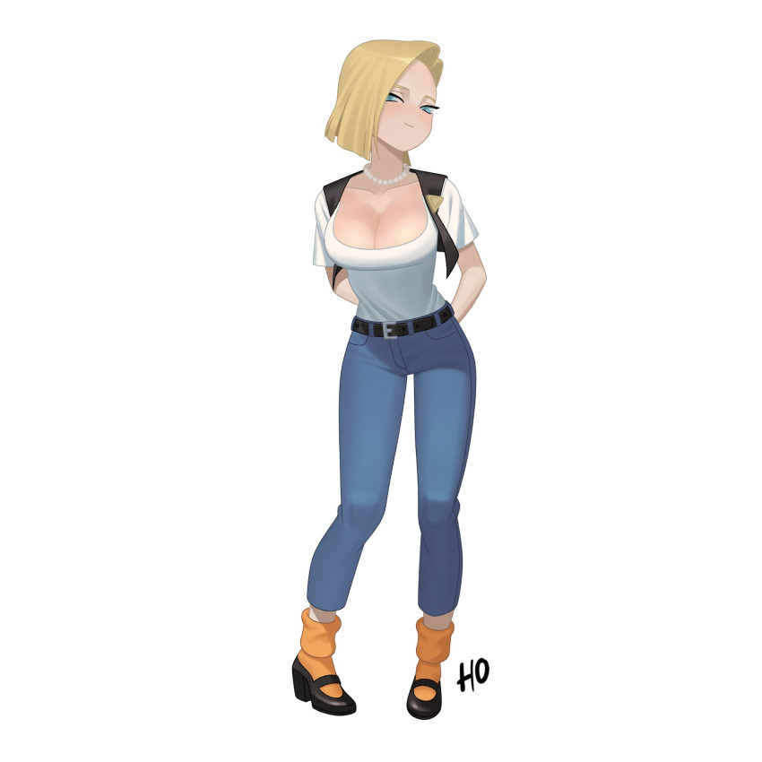 1girl android_18 arms_behind_back artist_name bangs belt black_belt black_footwear black_jacket blonde_hair blue_eyes breasts cleavage collarbone cropped_jacket denim dragon_ball full_body grey_background highres jacket jewelry large_breasts looking_at_viewer monster_l_(hochihochiha) no_nose orange_legwear pants shirt_tucked_in short_hair short_sleeves simple_background smile socks solo white_background