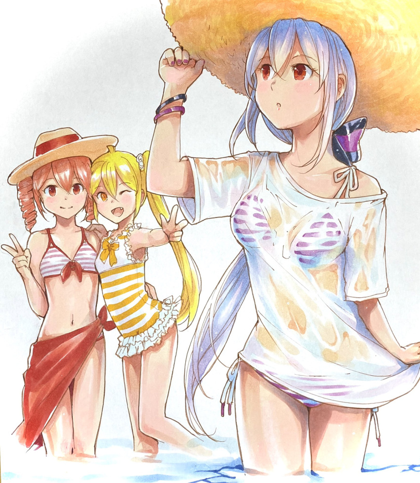 3girls :o akita_neru bikini boater_hat bow bracelet collarbone commentary cowboy_shot drill_hair fang frilled_swimsuit frills hair_bow hair_ornament hair_scrunchie hand_up hat highres jewelry kasane_teto large_hat long_hair mayo_riyo midriff multiple_girls navel one-piece_swimsuit one_eye_closed open_mouth outstretched_arm purple_bikini red_bikini red_eyes red_hair scrunchie see-through_shirt shirt short_hair side_ponytail skirt_hold smile stomach straw_hat striped striped_bikini sun_hat swimsuit twin_drills utau v very_long_hair vocaloid voyakiloid w wading wet wet_clothes wet_shirt white_hair yellow_eyes yellow_swimsuit yowane_haku