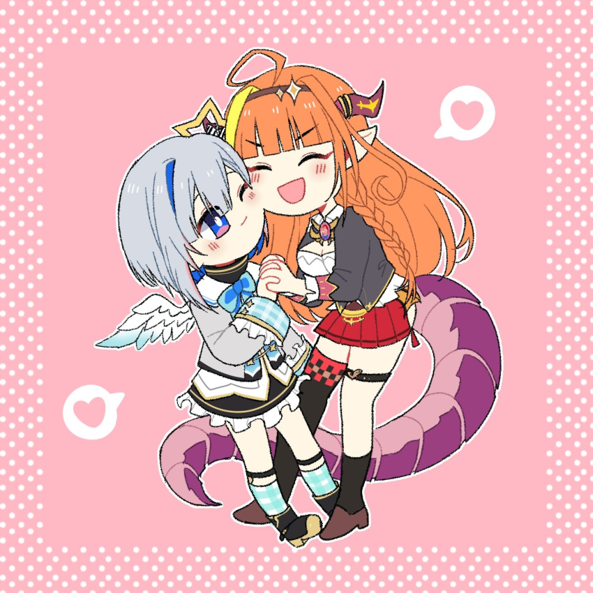 2girls ahoge amane_kanata angel angel_wings artist_request asymmetrical_hair bangs black_jacket black_skirt blonde_hair blue_eyes blue_hair blue_neckwear blue_wings blunt_bangs blush boots bow bowtie braid breasts bright_pupils brooch brown_footwear brown_hairband checkered checkered_legwear cheek-to-cheek chibi cleavage cleavage_cutout closed_eyes closed_mouth clothing_cutout collared_shirt colored_inner_hair commentary_request diagonal-striped_bow dragon_girl dragon_horns dragon_tail eyebrows_visible_through_hair feathered_wings frilled_skirt frills full_body gingham gingham_legwear gradient gradient_wings grey_jacket hair_between_eyes hairband halo heart highres holding_hands hololive horn_bow horns interlocked_fingers jacket jewelry kiryu_coco long_hair long_sleeves looking_at_another miniskirt multicolored multicolored_hair multicolored_wings multiple_girls one_eye_closed open_mouth orange_hair pink_background pink_hair pleated_skirt pointy_ears polka_dot_border red_skirt sailor_collar shirt short_hair side-tie_skirt sidelocks silver_hair simple_background single_braid single_hair_intake single_thighhigh skirt smile spoken_heart star_halo streaked_hair striped striped_bow tail thigh_strap thighhighs turtleneck virtual_youtuber white_pupils white_shirt white_wings wings