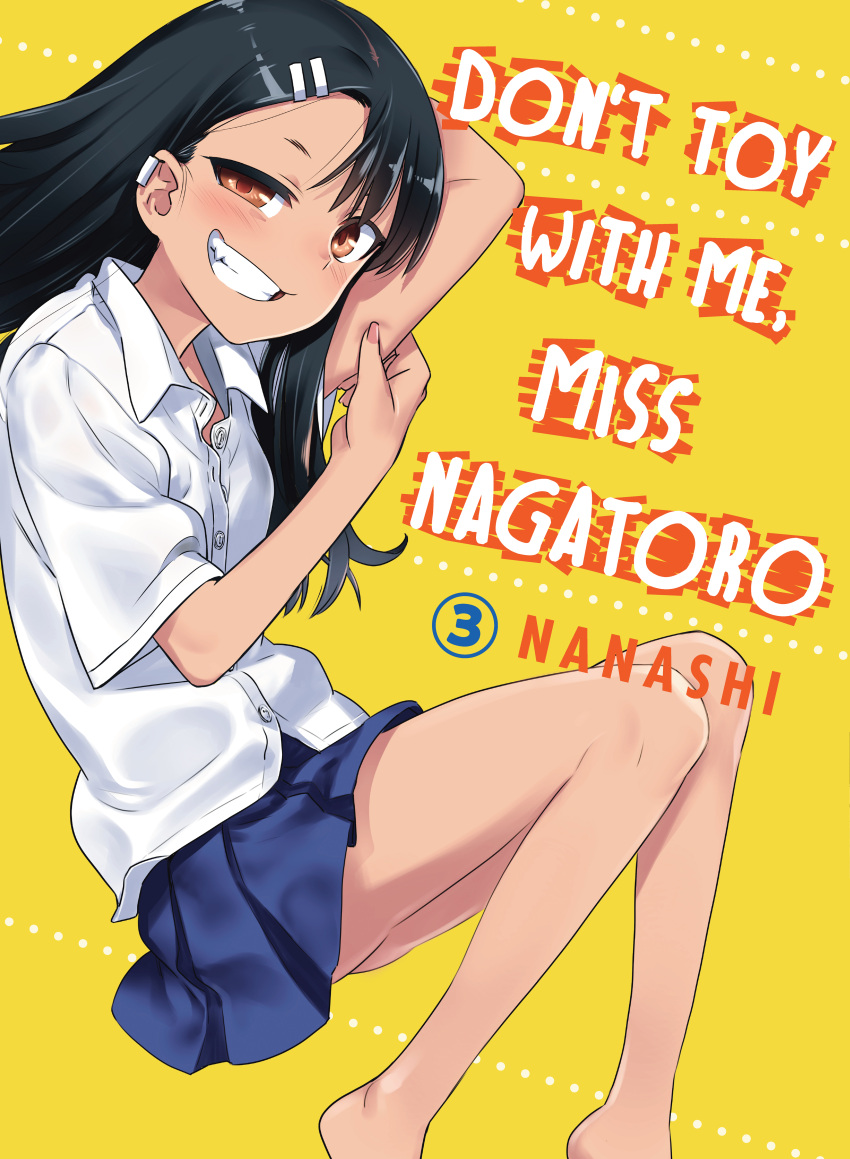 1girl 774_(nanashi) absurdres alternate_language bare_legs barefoot black_hair blue_skirt blush brown_eyes collared_shirt cover cover_page dark-skinned_female dark_skin ear_piercing fang feet_out_of_frame fingernails from_side grin hair_ornament hairclip highres ijiranaide_nagatoro-san long_hair looking_at_viewer looking_to_the_side manga_cover nagatoro_hayase official_art piercing pinching pleated_skirt shirt simple_background skirt smile solo torrent_source uneven_eyes white_shirt wing_collar yellow_background