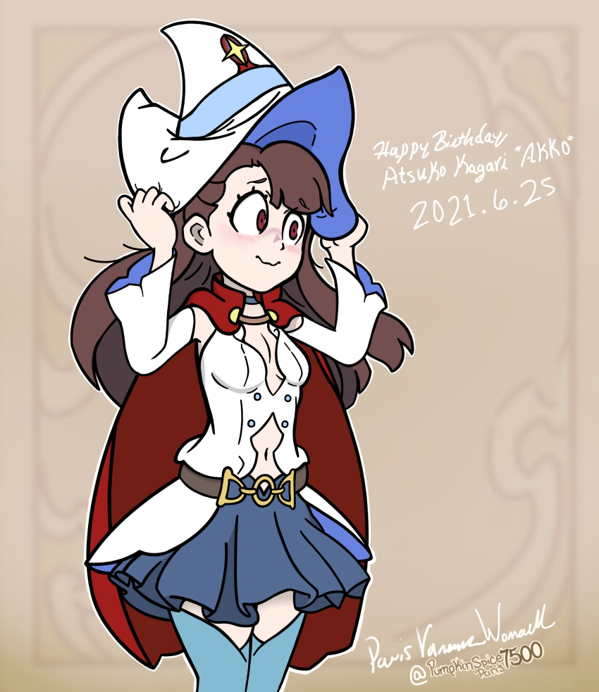 1girl absurdres blush brown_hair cape cosplay english_text happy_birthday hat highres kagari_atsuko little_witch_academia long_hair pale_skin pumpkinspice7500 red_eyes shiny_chariot shiny_chariot_(cosplay) skirt smile trigger_(company) witch witch_hat