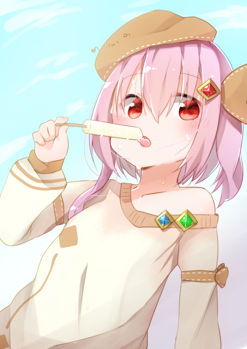 bare_shoulders blush cloud food gurantsu highres licking original pink_hair popsicle red_eyes sky solo