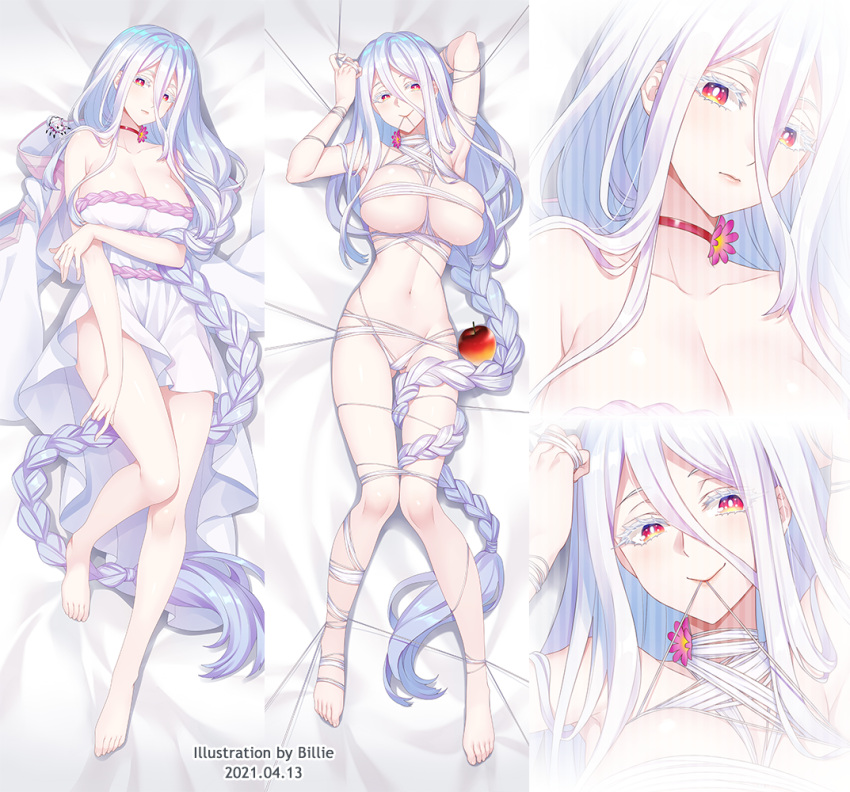 1girl absurdly_long_hair adapted_costume apple artist_name barefoot billie_(meng_gong_fang) braid breasts bug cleavage commentary_request dakimakura_(medium) dated detached_sleeves dress eyelashes food fruit kumo_desu_ga_nani_ka? kumoko_(kumo_desu_ga_nani_ka?) large_breasts long_braid long_hair looking_at_viewer mouth_hold multiple_views red_eyes shiraori short_dress silver_hair single_braid smile spider thread very_long_hair white_dress wide_sleeves