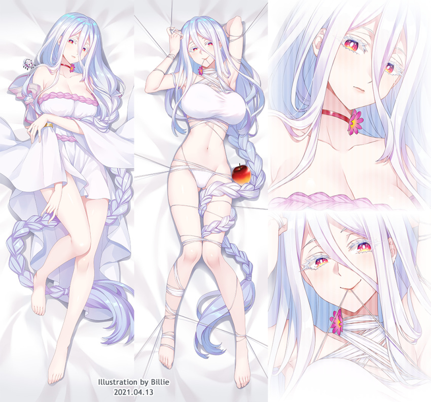 1girl absurdly_long_hair adapted_costume apple artist_name barefoot billie_(meng_gong_fang) braid breasts bug cleavage commentary_request dakimakura_(medium) dated detached_sleeves dress eyelashes food fruit kumo_desu_ga_nani_ka? kumoko_(kumo_desu_ga_nani_ka?) large_breasts long_braid long_hair looking_at_viewer mouth_hold multiple_views red_eyes shiraori short_dress silver_hair single_braid smile spider thread very_long_hair white_dress wide_sleeves