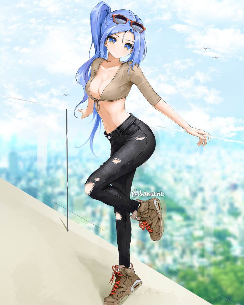 1girl artist_name banned_artist black_pants blue_eyes blue_hair blue_sky breasts chaesu cloud commentary crop_top day eyewear_on_head front-tie_top full_body grey_footwear grey_shirt head_tilt highres long_hair looking_at_viewer medium_breasts midriff minah_(chaesu) navel original pants shirt shoes short_sleeves side_ponytail sky sneakers solo standing standing_on_one_leg stomach sunglasses tied_shirt twitter_username