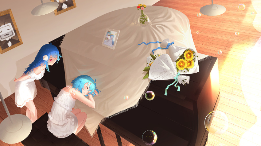 2girls arms_behind_back bare_legs bilibili_douga blue_hair blue_ribbon bouquet bubble ceiling_light chinese_commentary clip_studio_paint_(medium) closed_eyes closed_mouth commentary_request dress dutch_angle flower from_above hair_flower hair_ornament highres indoors instrument leaning_forward looking_at_another multiple_girls off-shoulder_dress off_shoulder original piano piano_bench picture_frame pink_flower red_eyes red_flower ribbon short_hair sitting sleeping sleeveless sleeveless_dress smile standing sunflower sunlight tablecloth vase wer0 white_dress white_flower wide_shot wooden_floor yellow_flower