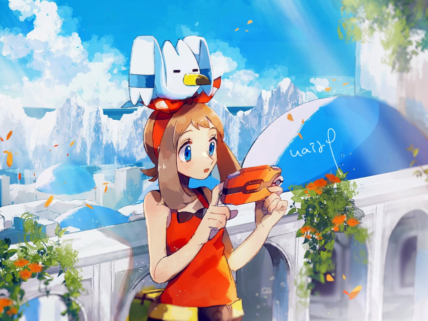 1girl bangs bare_arms blue_eyes blurry blush brown_hair cloud day eyelashes flower gen_3_pokemon hands_up hanenbo highres holding light_rays long_hair may_(pokemon) on_head open_mouth orange_flower orange_shirt outdoors petals pokemon pokemon_(creature) pokemon_(game) pokemon_on_head pokemon_oras shirt signature sky sleeveless sleeveless_shirt smile sootopolis_city wingull