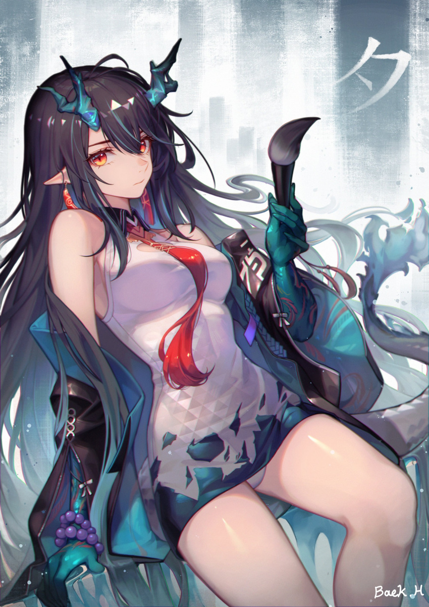 1girl absurdres aqua_skin arknights baek_hyang black_hair breasts china_dress chinese_clothes colored_skin dragon_girl dragon_horns dragon_tail dress dusk_(arknights) highres holding holding_paintbrush horns long_hair looking_at_viewer medium_breasts necktie paintbrush panties pantyshot red_eyes red_neckwear solo tail tail-tip_fire underwear very_long_hair white_background white_dress white_panties