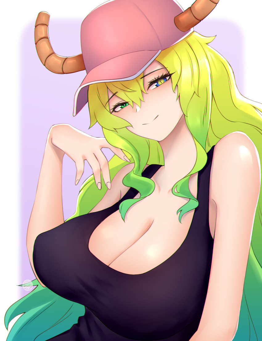 1girl absurdres baseball_cap blonde_hair blush breasts cleavage closed_eyes dragon_girl dragon_horns gradient_hair green_eyes green_hair hat heterochromia highres horns horns_through_headwear jrpulse kobayashi-san_chi_no_maidragon large_breasts long_hair looking_at_viewer multicolored_hair quetzalcoatl_(maidragon) seductive_smile smile solo tank_top