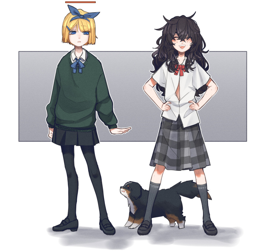 2girls :d absurdres alternate_hairstyle arms_at_sides bangs black_footwear black_legwear black_skirt blind_girl_(popopoka) blonde_hair blue_bow blue_eyes blue_hairband bob_cut bow bowtie bully_girl_(popopoka) commentary crossed_bangs dog english_commentary facing_viewer freckles green_sweater grey_legwear grey_skirt hair_between_eyes hair_bow hairband hairstyle_switch hands_on_hips highres miniskirt multiple_girls open_mouth original pantyhose parted_lips pleated_skirt popopoka puppy red_bow red_neckwear shirt shoes short_hair skirt smile socks standing sweater white_shirt