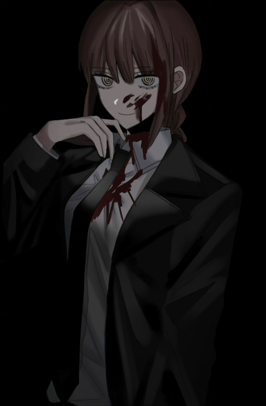 1girl bangs black_neckwear blood blood_on_face blood_splatter bloody_clothes braid braided_ponytail breasts business_suit chainsaw_man closed_mouth collared_shirt commentary_request formal highres kokococo924 long_coat long_hair long_sleeves looking_at_viewer makima_(chainsaw_man) medium_breasts medium_hair necktie red_hair ringed_eyes shirt simple_background smile solo suit white_shirt yellow_eyes