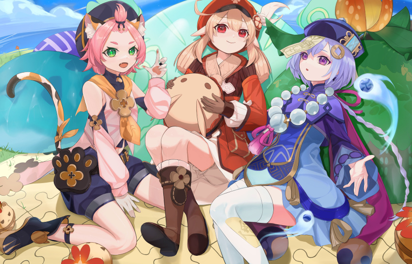 3girls absurdres ahoge animal_ears bangs bangs_pinned_back bead_necklace beads bloomers boots braid brown_footwear brown_gloves brown_scarf cabbie_hat cape cat_ears cat_tail clover_print coat commentary_request detached_sleeves deval diona_(genshin_impact) eyebrows_visible_through_hair genshin_impact gloves green_eyes hair_between_eyes hat hat_feather hat_ornament highres jewelry jiangshi jumpy_dumpty klee_(genshin_impact) knee_boots kneehighs light_brown_hair long_hair long_sleeves looking_at_viewer low_ponytail low_twintails multiple_girls necklace ofuda orb pink_hair pointy_ears purple_eyes purple_hair qing_guanmao qiqi_(genshin_impact) red_coat red_eyes red_headwear scarf short_hair sidelocks single_braid sitting tail thighhighs twintails underwear wariza white_legwear wide_sleeves yin_yang zettai_ryouiki