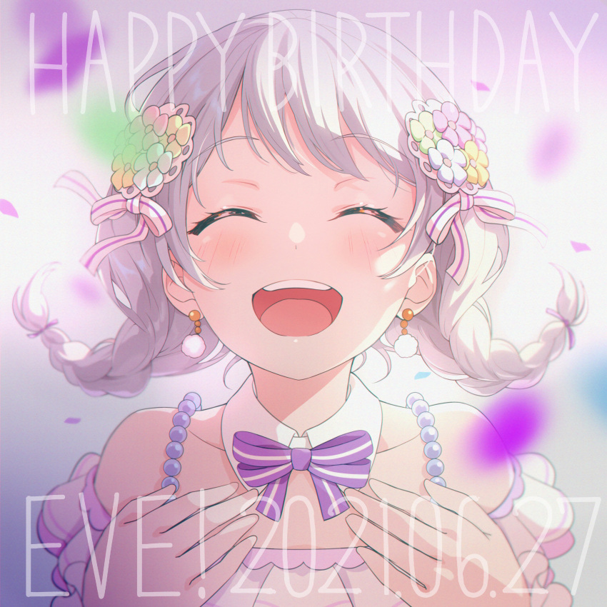 1girl :d ^_^ absurdres bang_dream! bangs bare_shoulders blurry blurry_background blush braid closed_eyes dated detached_collar dress earrings eyebrows_visible_through_hair flower frilled_dress frills hair_flower hair_ornament hands_on_own_chest happy_birthday highres jewelry low_twintails neck_ribbon nobusawa_osamu open_mouth petals portrait purple_neckwear purple_ribbon ribbon short_twintails smile solo strap swept_bangs twin_braids twintails upper_teeth wakamiya_eve white_hair
