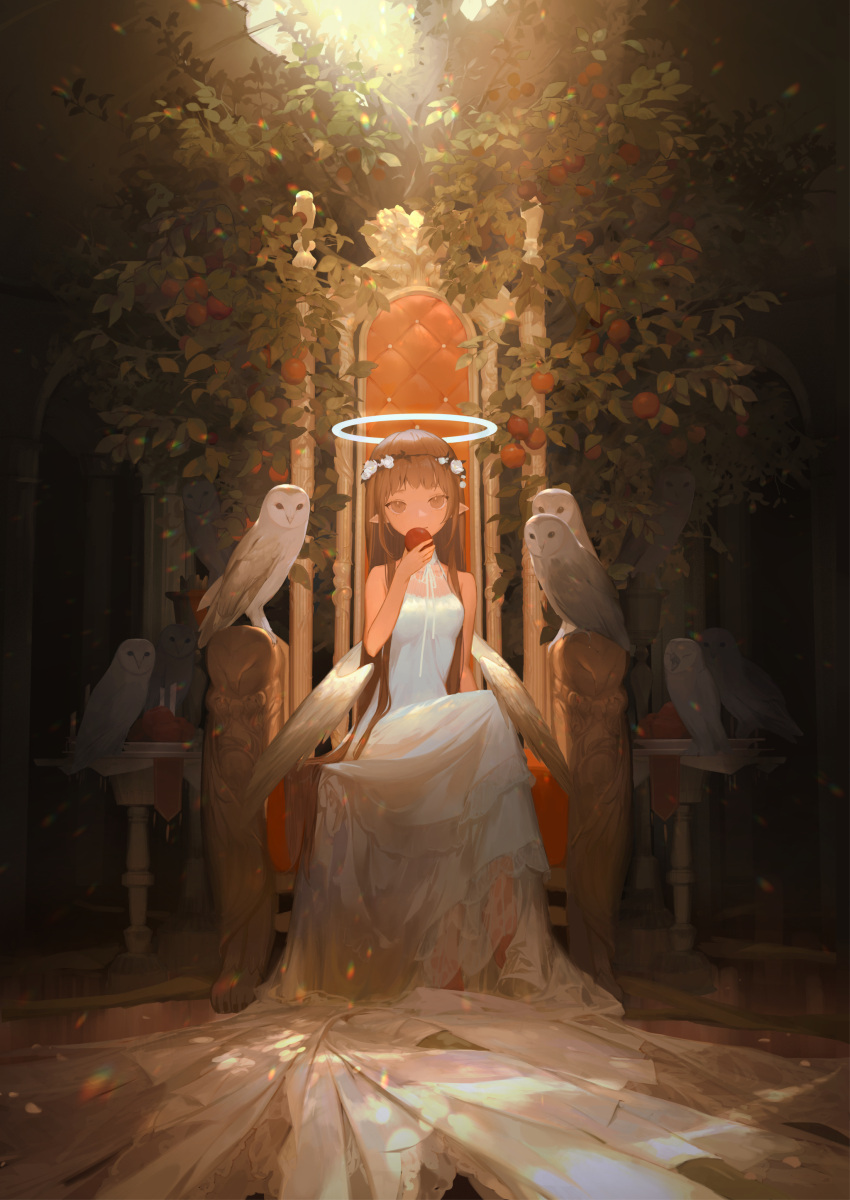 1girl absurdres animal apple bare_shoulders bird breasts brown_eyes brown_hair closed_mouth commentary dress echosdoodle english_commentary feathered_wings food fruit highres holding holding_food holding_fruit long_hair low_wings medium_breasts original owl pointy_ears red_apple sitting sleeveless sleeveless_dress smile solo throne very_long_hair white_dress white_wings wings