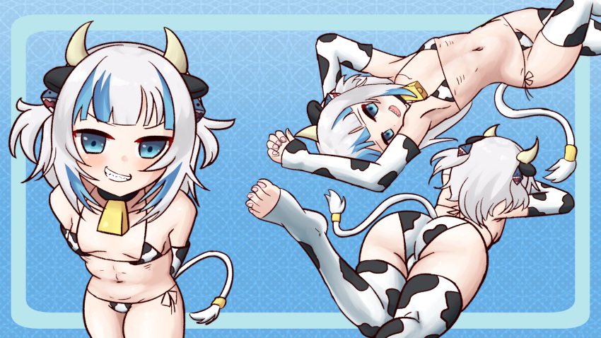 1girl animal_ears animal_print arkeden_razeare arm_warmers arms_behind_back bell bikini blue_hair breasts collar commission cow_ears cow_horns cow_print cow_tail cowbell gawr_gura gills grin hair_ornament highres hololive hololive_english horns multicolored_hair navel shark_hair_ornament sharp_teeth side-tie_bikini silver_hair small_breasts smile solo streaked_hair swimsuit tail teeth thighhighs two-tone_hair two_side_up virtual_youtuber
