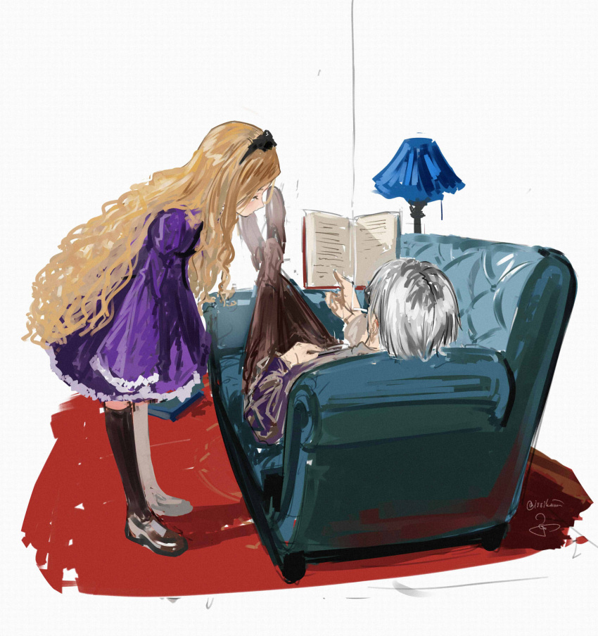 1boy 1girl black_hairband blonde_hair book cigarette couch crossed_legs dress full_body hairband highres isshiki_(ffmania7) kneehighs lamp lampshade loafers long_hair looking_at_another lying on_back original purple_dress reading shoes signature silver_hair sketch smoking standing very_long_hair wavy_hair