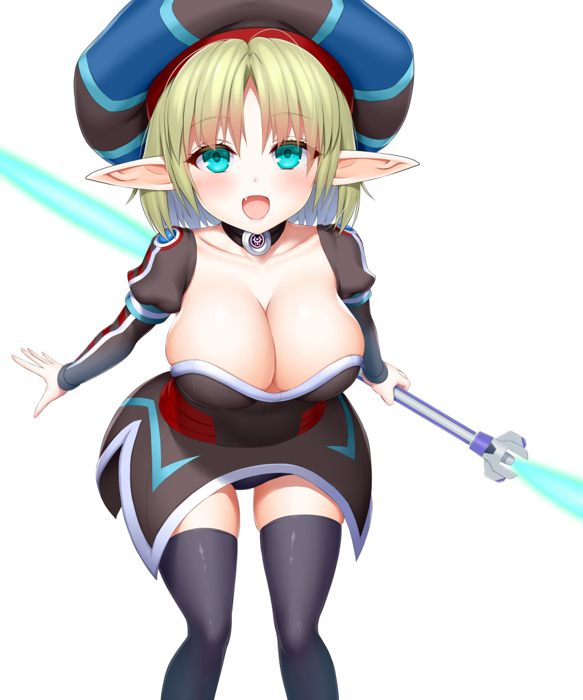 1girl :d absurdres asamura_hiori black_legwear blonde_hair blue_eyes breasts choker cleavage detached_sleeves eyebrows_visible_through_hair fang fangs fonewearl hat highres huge_breasts long_pointy_ears long_sleeves looking_at_viewer open_mouth phantasy_star phantasy_star_online phantasy_star_online_2 pointy_ears puffy_sleeves smile solo thighhighs white_background zettai_ryouiki