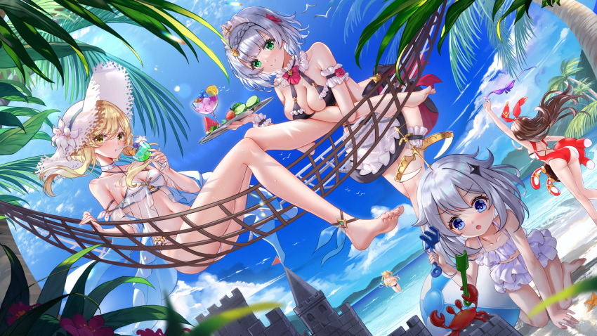 5girls amber_(genshin_impact) barefoot beach bikini_top_removed blonde_hair blue_sky brown_hair chinese_commentary cloud commentary_request crab day dutch_angle fischl_(genshin_impact) flower genshin_impact hammock hat highres long_hair lumine_(genshin_impact) multiple_girls noelle_(genshin_impact) outdoors paimon_(genshin_impact) palm_tree partial_commentary silver_hair sky sun_hat swordsouls topless tray tree